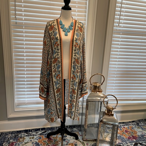 Beige multicolor Bohemian Flowing kimono floral long sleeve - Picture 8 of 16